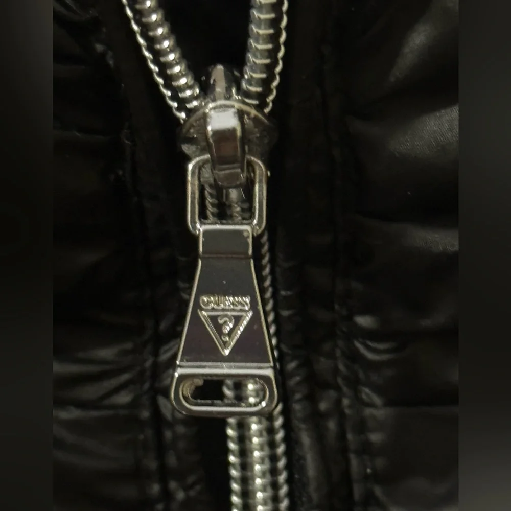 GUESS Black Shiny Puffer With Faux Fur Hoodie Ladies Size XL - Picture 7 of 12